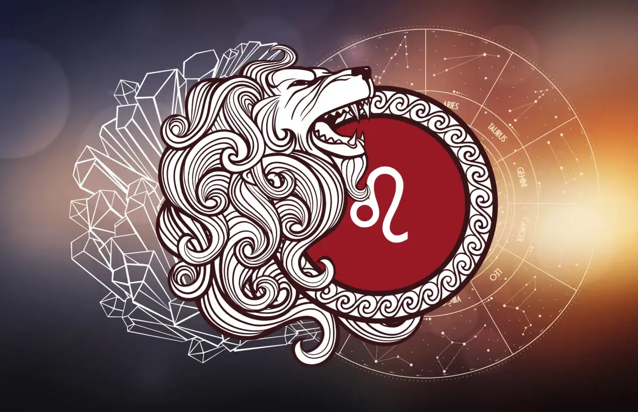 Lew i Bliźnięta: symbol przyjaźni i harmonii. Stylizowany lew z grzywą i znakiem zodiaku Lew, otoczony kryształami i kołem zodiaku.